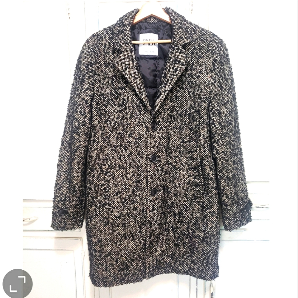 ZARA Pebbled woven textured black grey wool-blend classic Button Coat